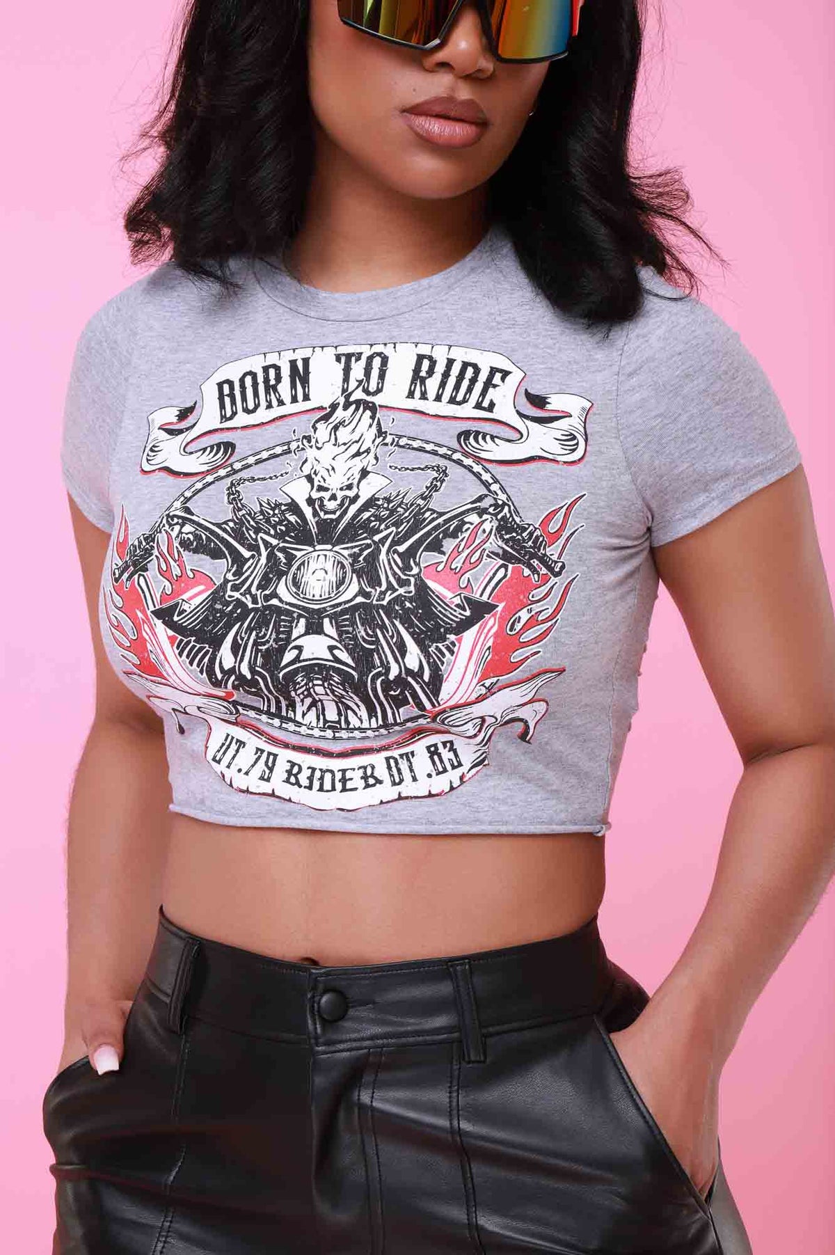 
              Born To Ride Graphic Print Cropped Cut Out T-Shirt - Grey - Swank A Posh
            