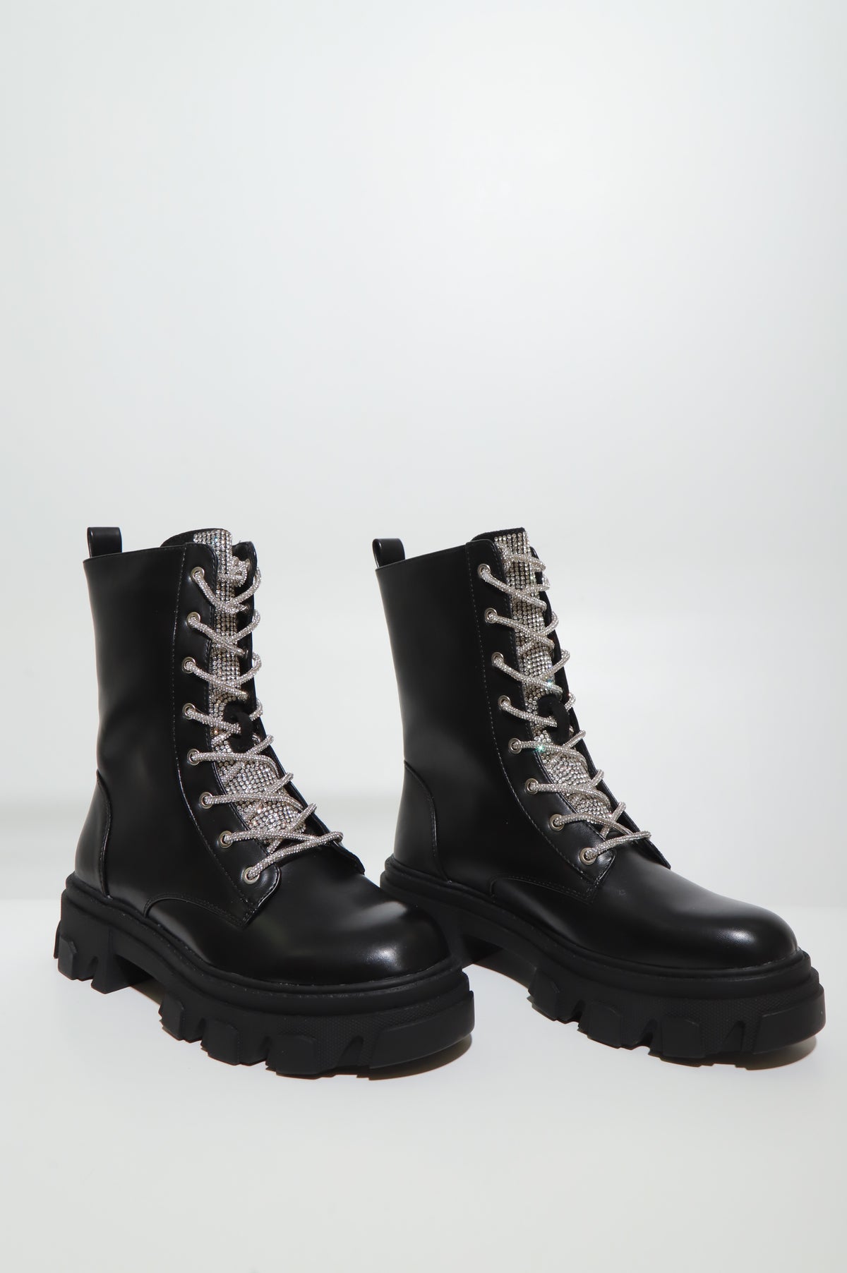 
              Bring The Drama Faux Leather Rhinestone Chunky Boots - Black - Swank A Posh
            