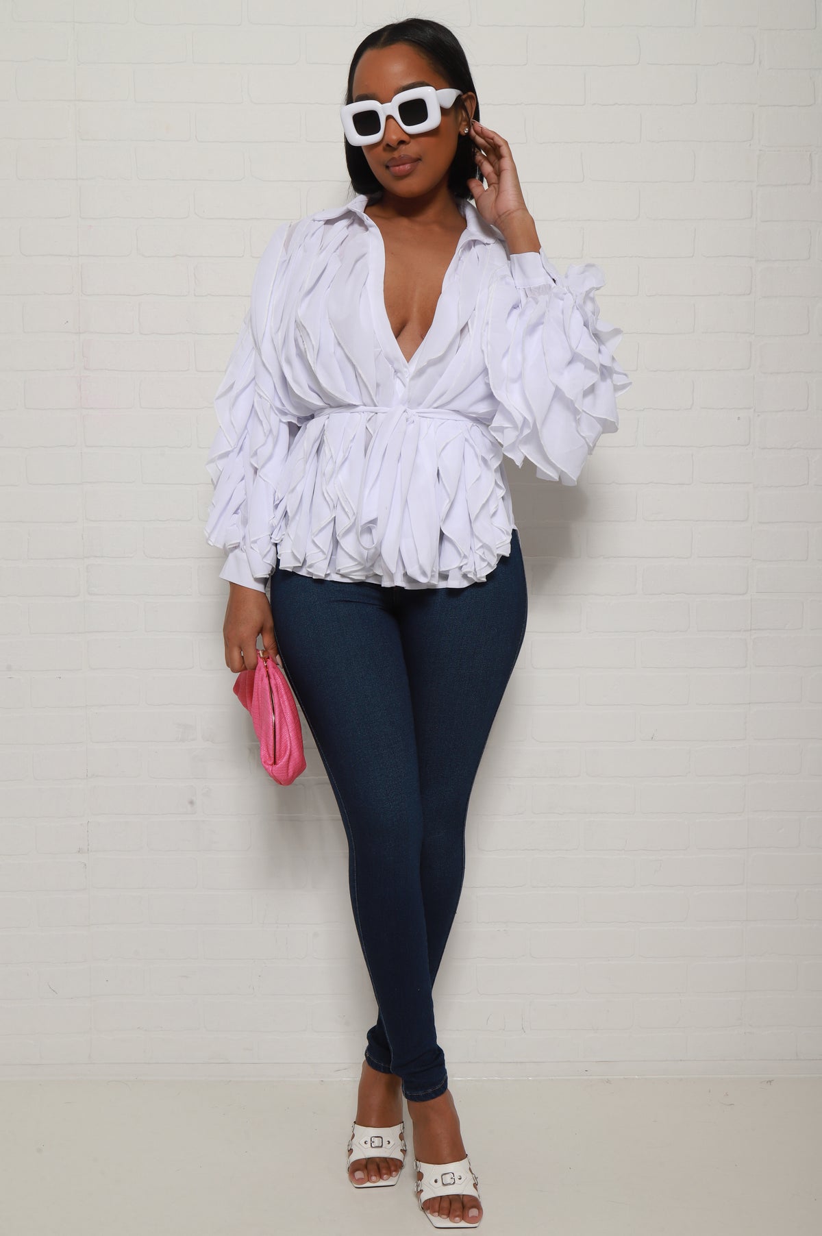 
              Alone Together Belted Ruffled Top - White - Swank A Posh
            
