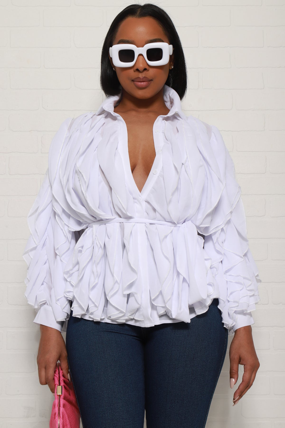 
              Alone Together Belted Ruffled Top - White - Swank A Posh
            