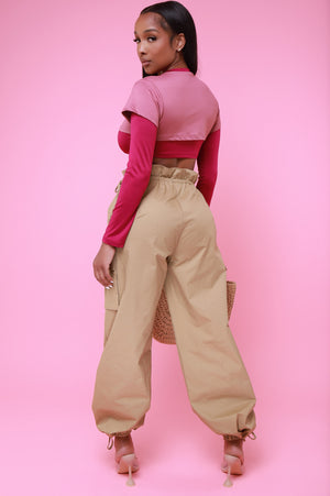 What About Us Wide Leg Drawstring Cargo Pants - Beige - Swank A