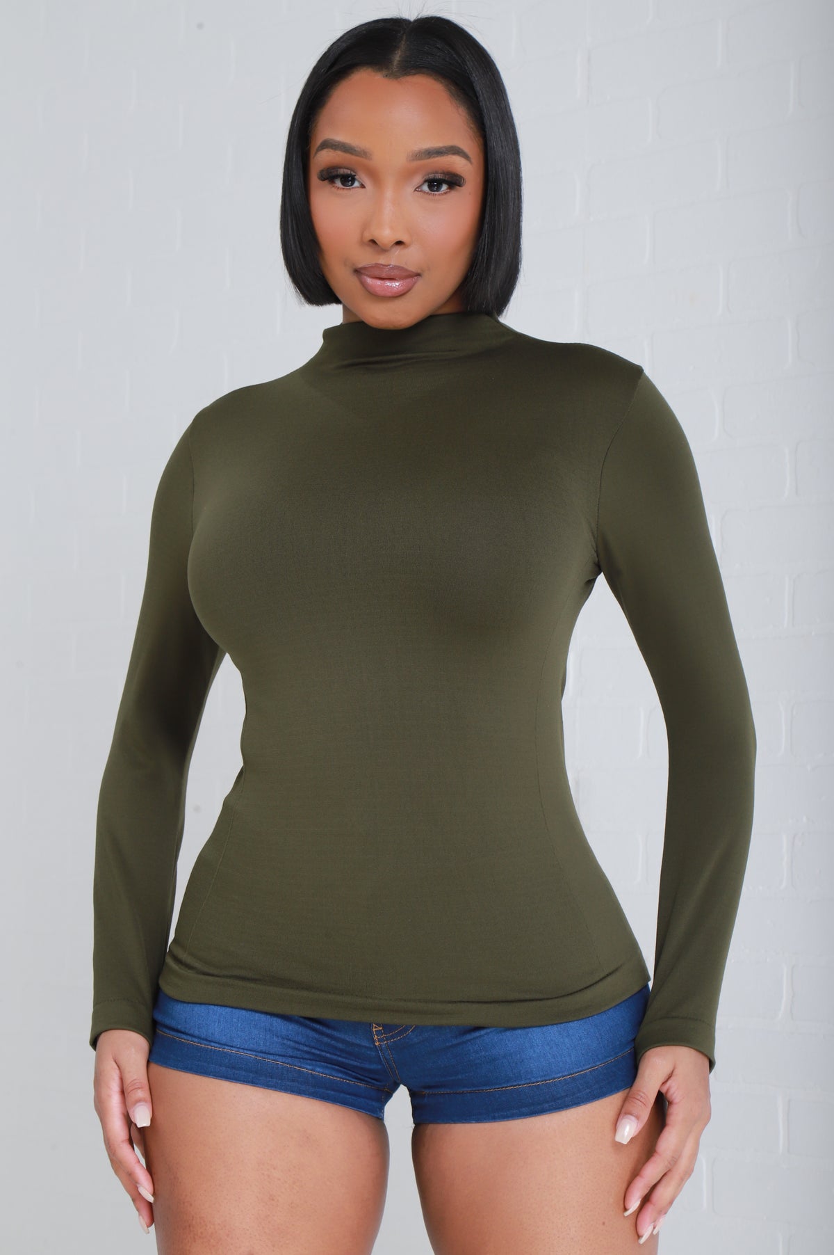 
              Sure Thing Long Sleeve Mock Neck Top - Olive - Swank A Posh
            