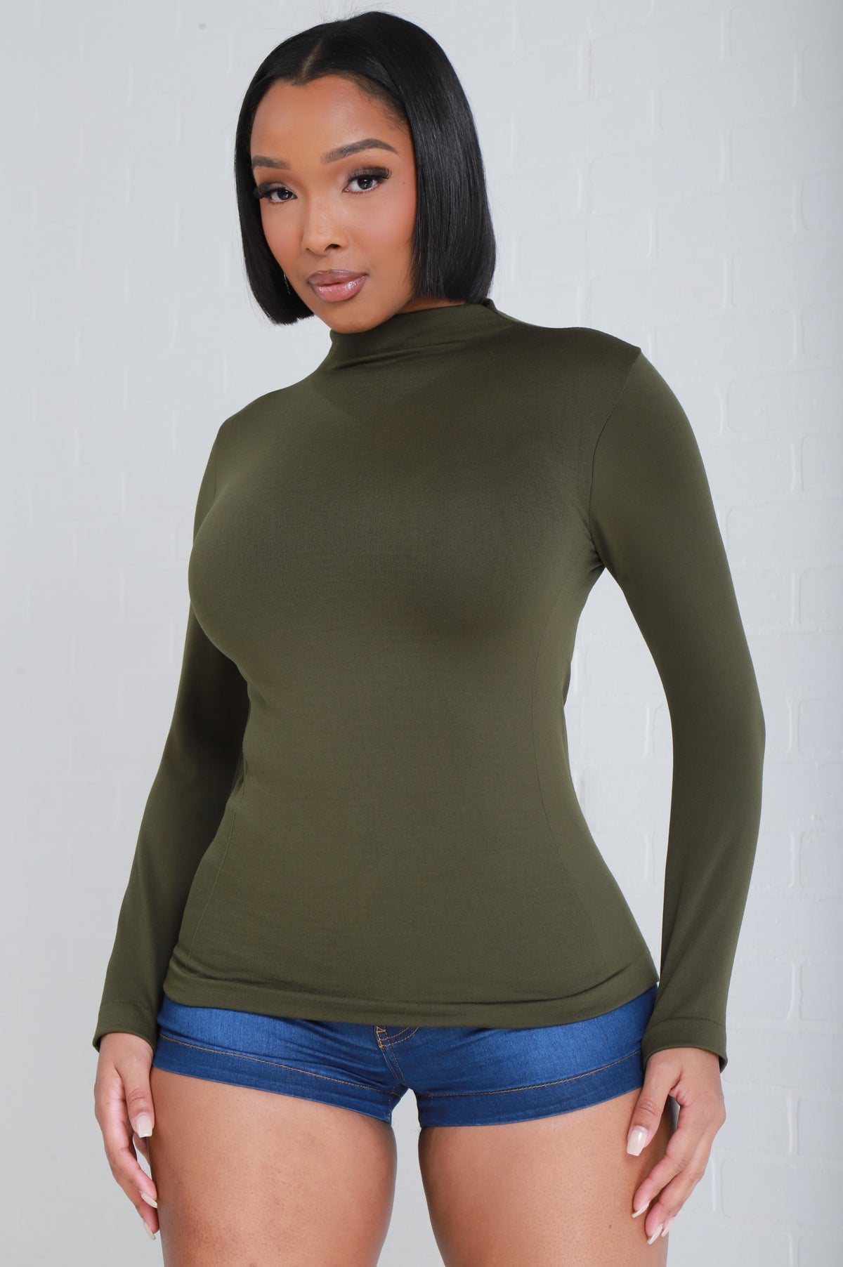 
              Sure Thing Long Sleeve Mock Neck Top - Olive - Swank A Posh
            