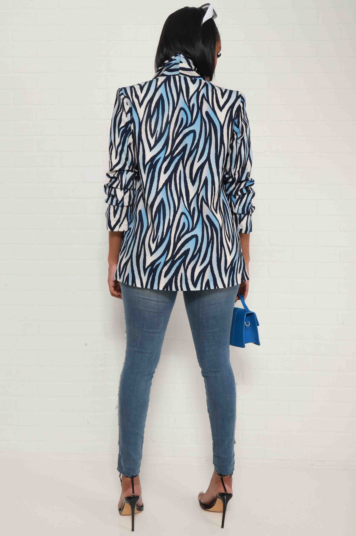 
              Wild Side Zebra Print Ruffled Blazer - Blue Multicolor - Swank A Posh
            