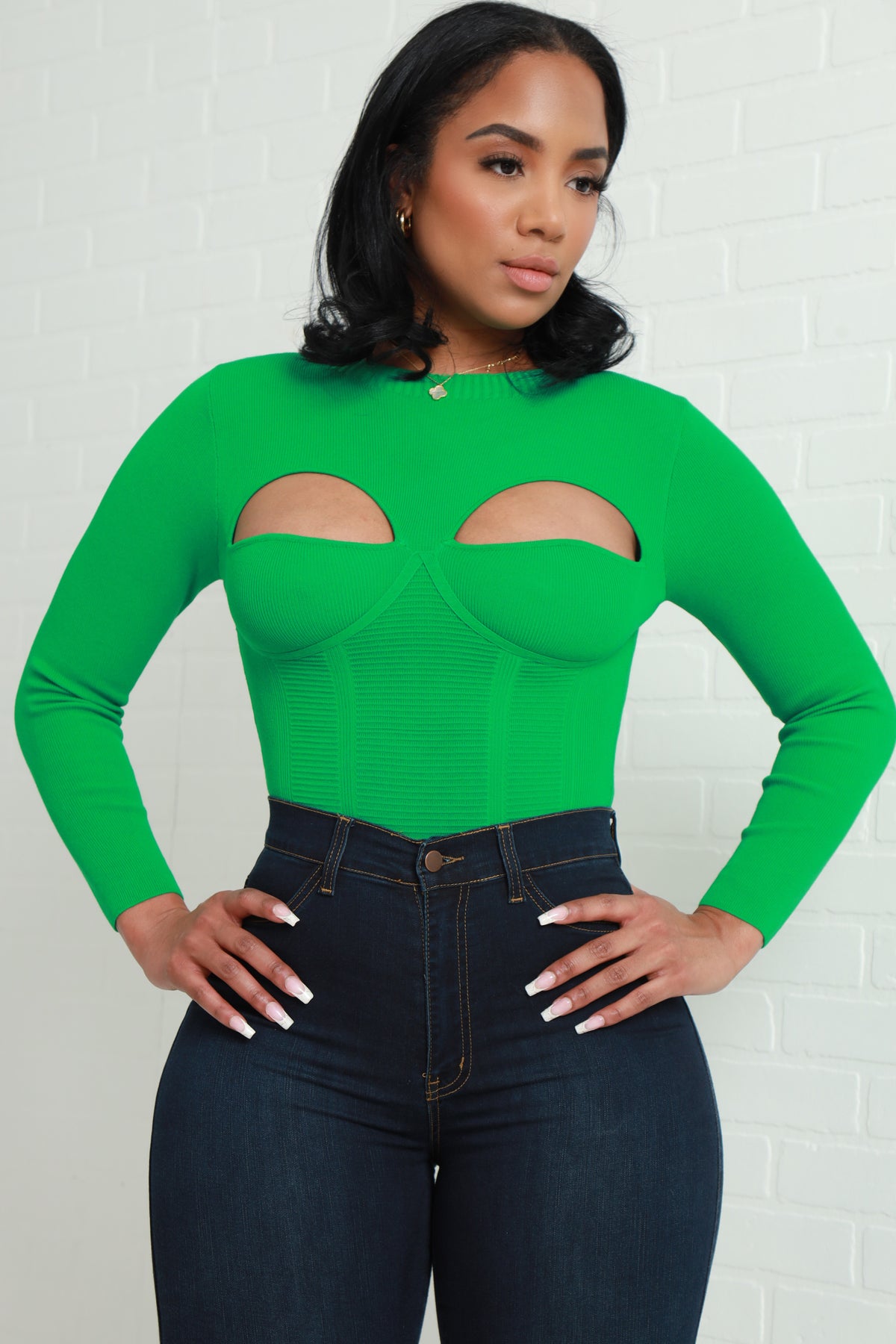 
              Take A Peek Cut Out Knit Top - Green - Swank A Posh
            
