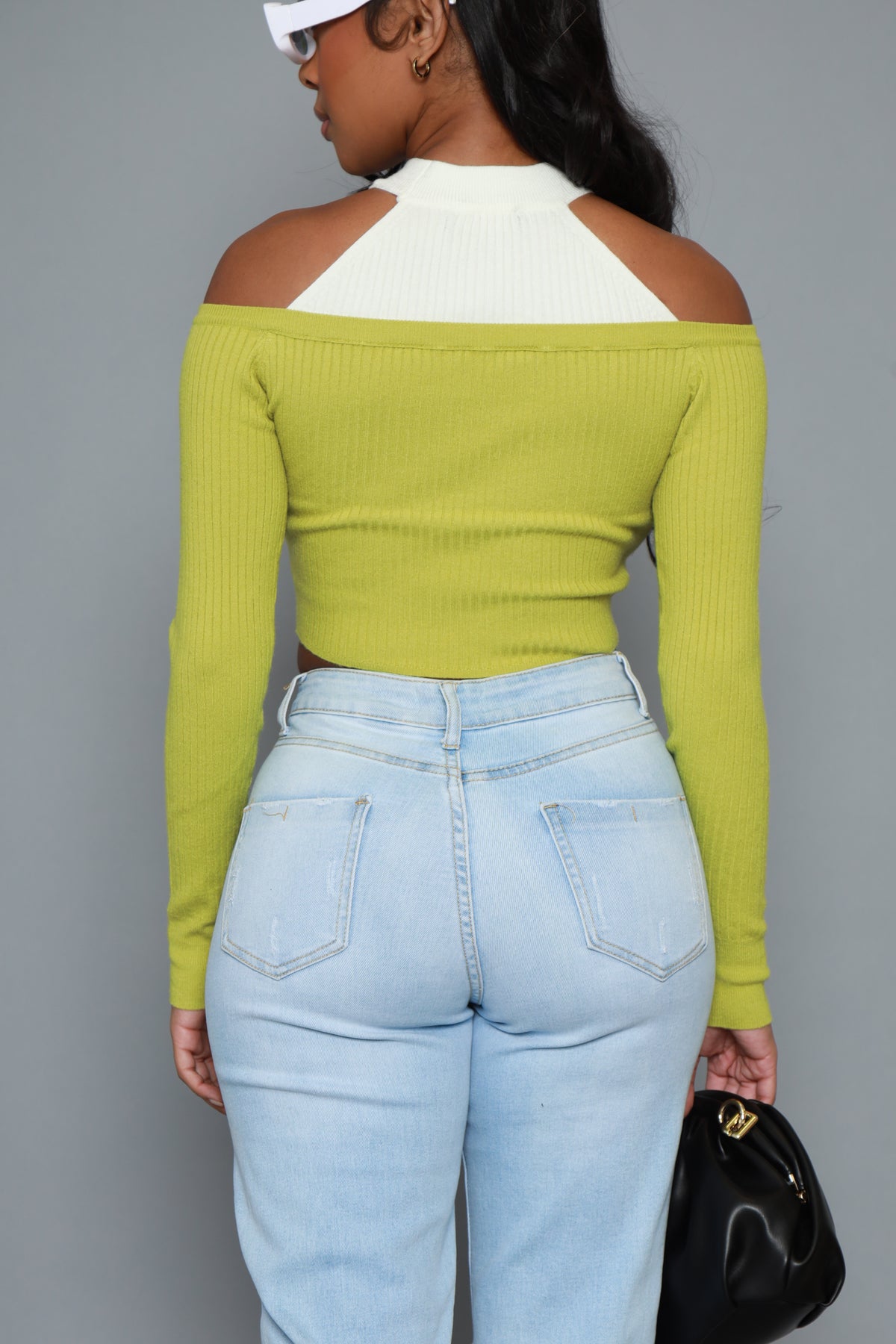 
              Hide Out Cold Shoulder Sweater - Ivory/Green - Swank A Posh
            